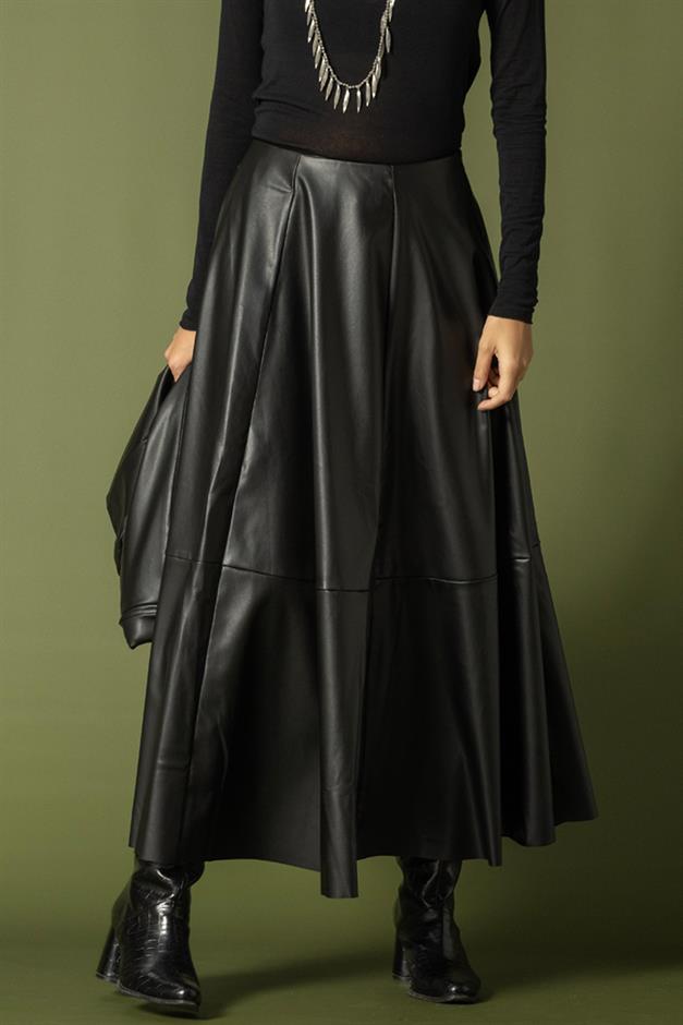 Parçalı Kloş Deri Etek SİYAH 7065