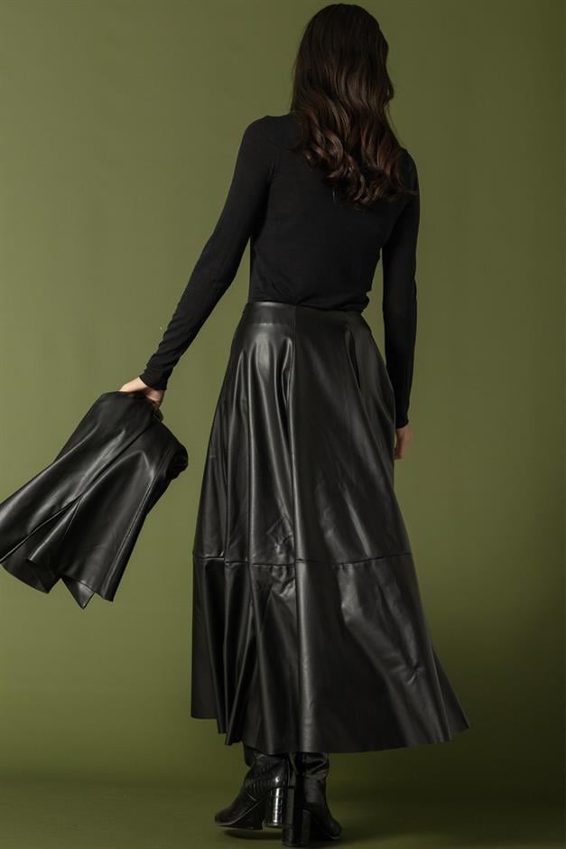Parçalı Kloş Deri Etek SİYAH 7065