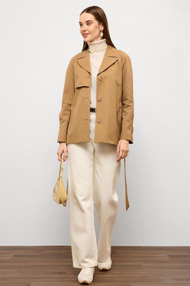 Short Trench Coat with Cape Detail and Pleated Back and Water Repellent Feature CAMEL 6772