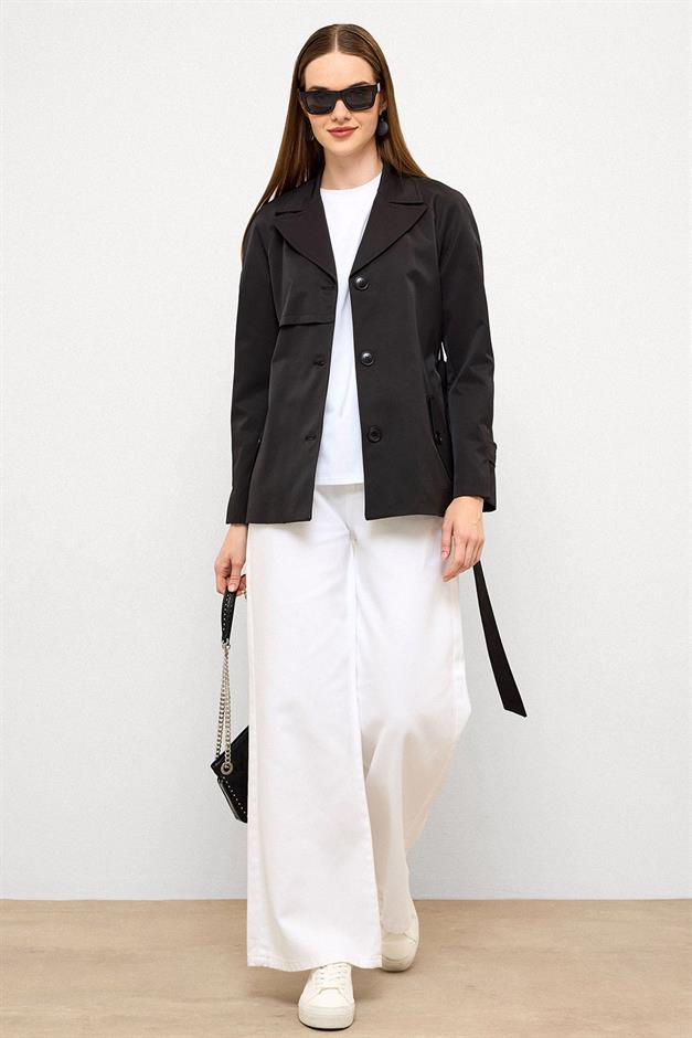 Short Trench Coat with Cape Detail and Pleated Back and Water Repellent Feature BLACK 6772