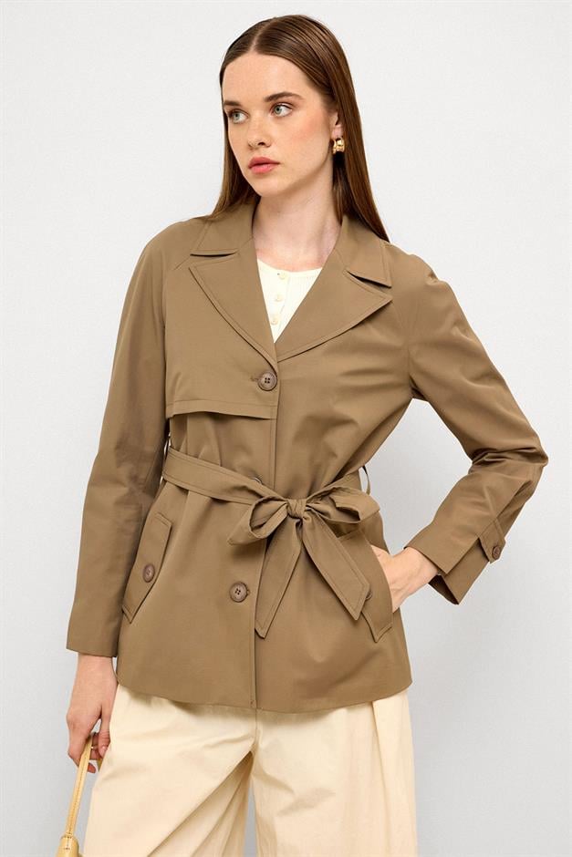 Short Trench Coat with Cape Detail and Pleated Back and Water Repellent Feature VIZON 6772