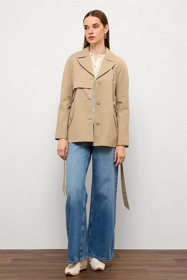 Short Trench Coat with Cape Detail and Pleated Back and Water Repellent Feature IVORY 6772