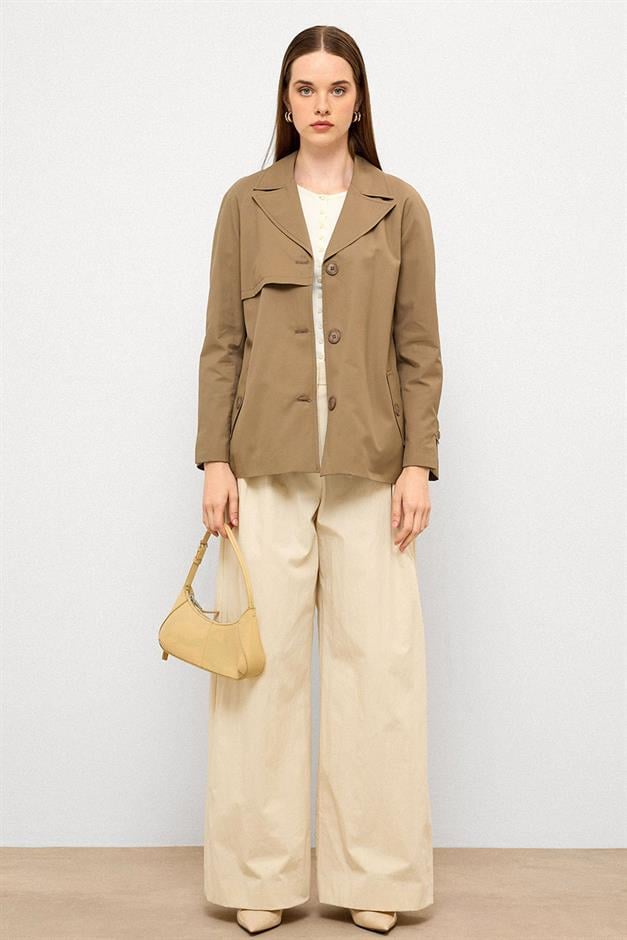Short Trench Coat with Cape Detail and Pleated Back and Water Repellent Feature VIZON 6772