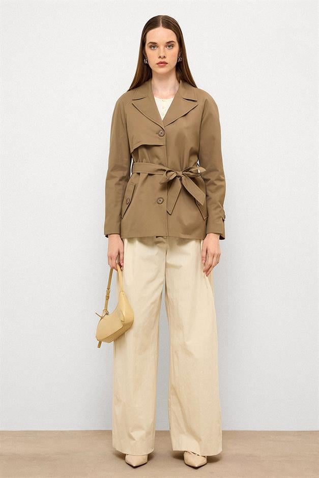 Short Trench Coat with Cape Detail and Pleated Back and Water Repellent Feature VIZON 6772
