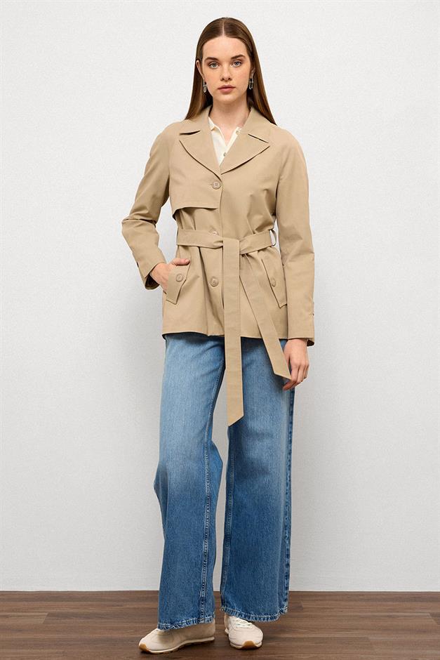 Short Trench Coat with Cape Detail and Pleated Back and Water Repellent Feature IVORY 6772