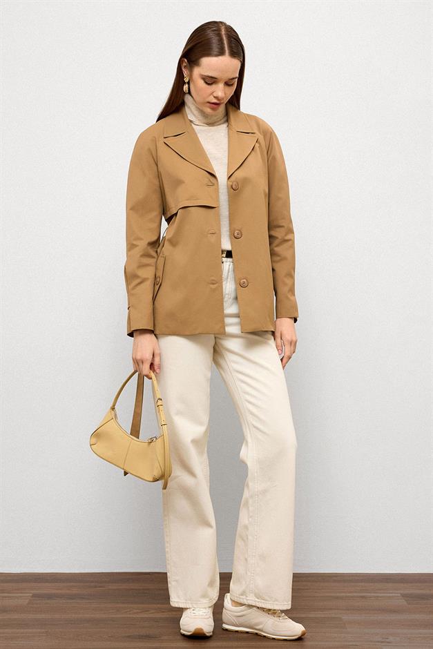 Short Trench Coat with Cape Detail and Pleated Back and Water Repellent Feature CAMEL 6772
