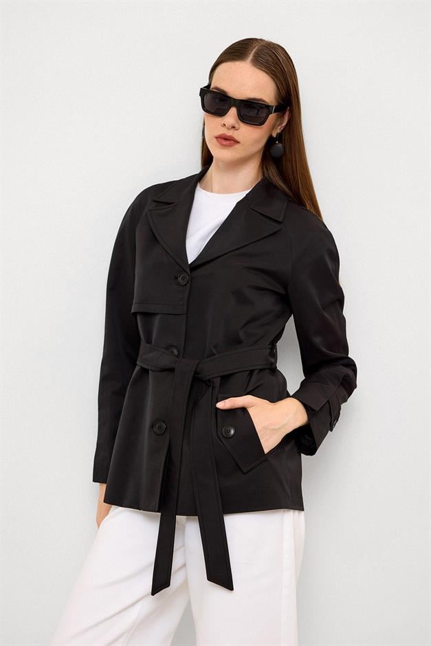 Short Trench Coat with Cape Detail and Pleated Back and Water Repellent Feature BLACK 6772