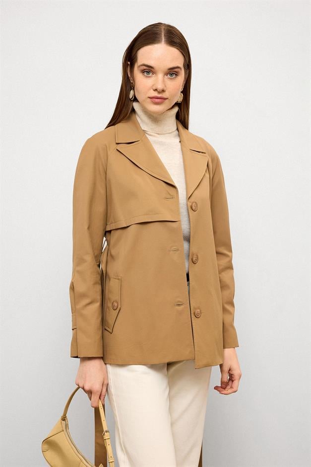 Short Trench Coat with Cape Detail and Pleated Back and Water Repellent Feature CAMEL 6772