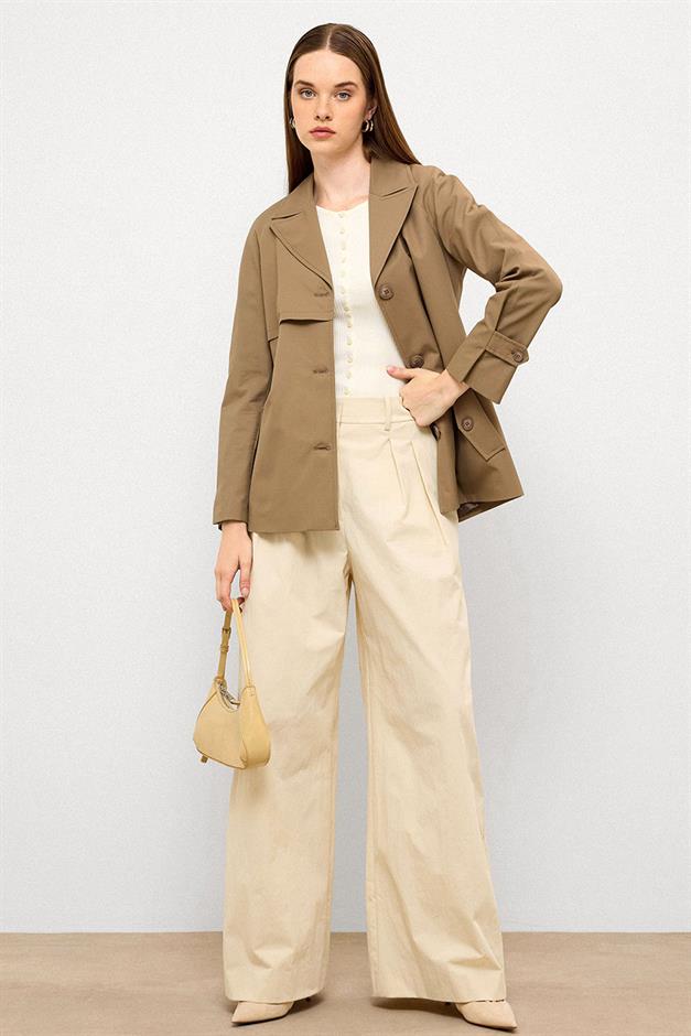 Short Trench Coat with Cape Detail and Pleated Back and Water Repellent Feature VIZON 6772