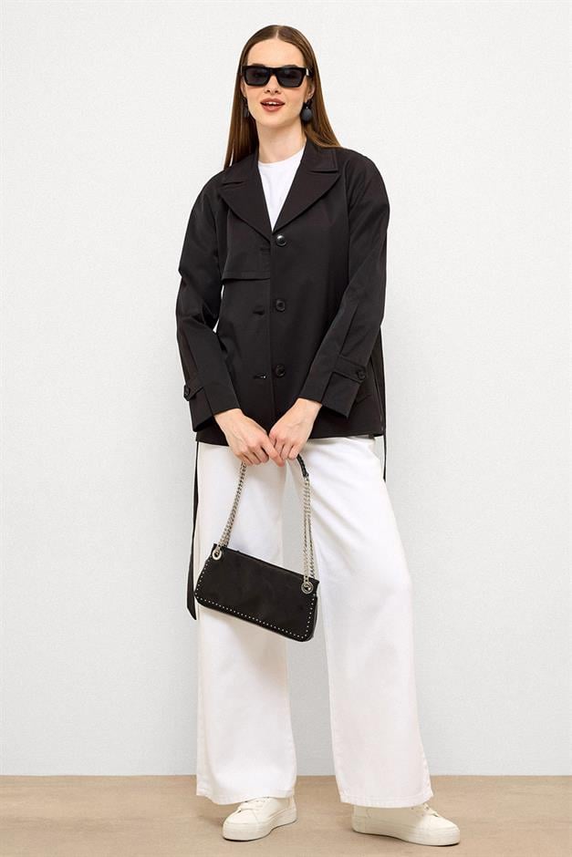 Short Trench Coat with Cape Detail and Pleated Back and Water Repellent Feature BLACK 6772