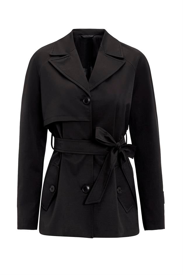 Short Trench Coat with Cape Detail and Pleated Back and Water Repellent Feature BLACK 6772