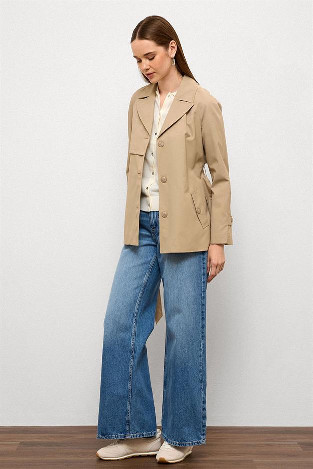Short Trench Coat with Cape Detail and Pleated Back and Water Repellent Feature IVORY 6772