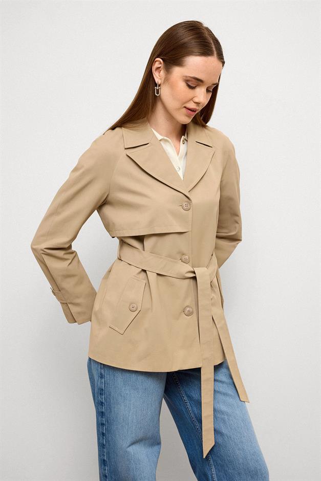 Short Trench Coat with Cape Detail and Pleated Back and Water Repellent Feature IVORY 6772