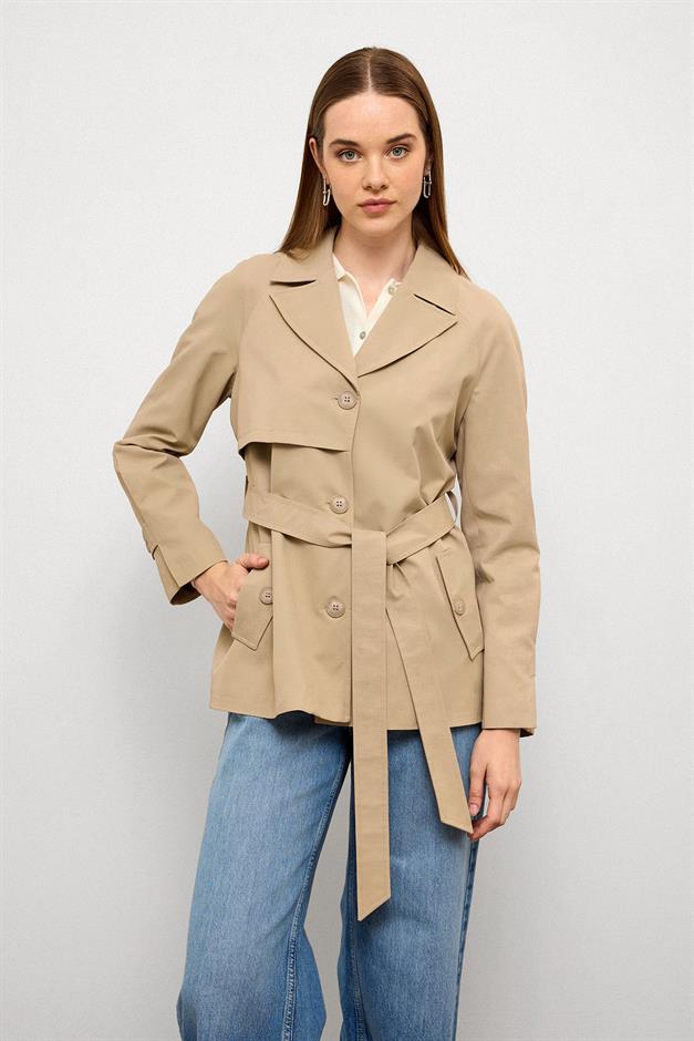 Short Trench Coat with Cape Detail and Pleated Back and Water Repellent Feature IVORY 6772