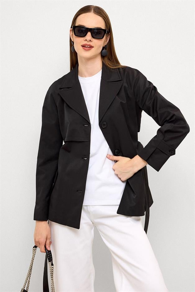 Short Trench Coat with Cape Detail and Pleated Back and Water Repellent Feature BLACK 6772