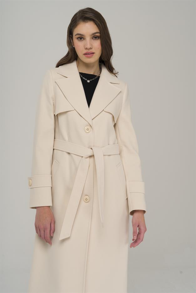 Cape Detailed Button Closure Waist Belted Coat IVORY 3906