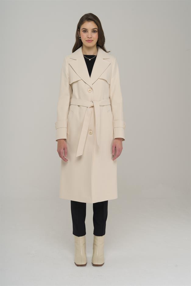 Cape Detailed Button Closure Waist Belted Coat IVORY 3906