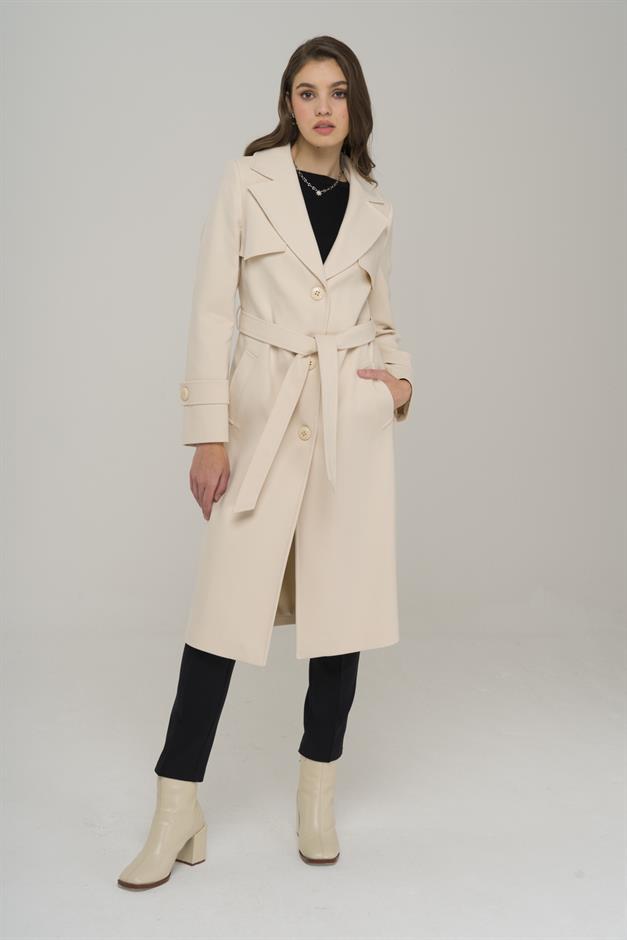 Cape Detailed Button Closure Waist Belted Coat IVORY 3906