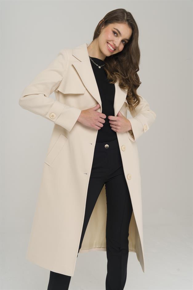 Cape Detailed Button Closure Waist Belted Coat IVORY 3906
