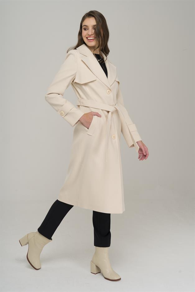 Cape Detailed Button Closure Waist Belted Coat IVORY 3906