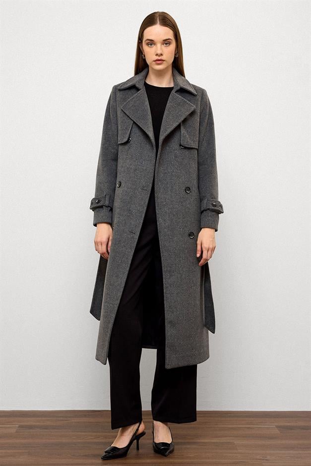 معطف مزدوج الصدر مع تفاصيل الرأس رمادي غامق 3091