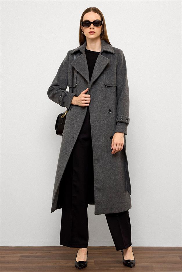 معطف مزدوج الصدر مع تفاصيل الرأس رمادي غامق 3091