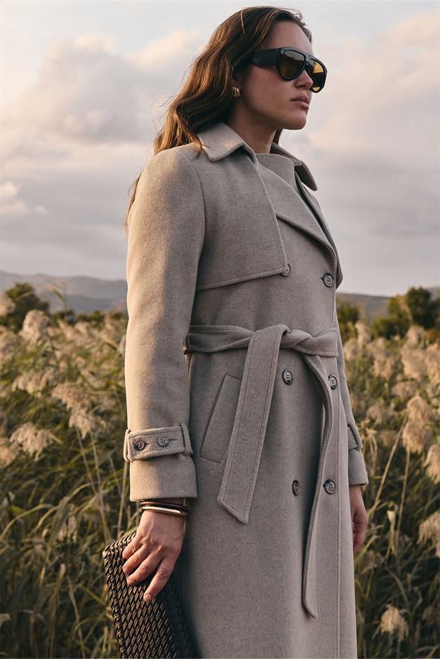 معطف مزدوج الصدر مع تفاصيل الرأس مزيج الحجارة 3091