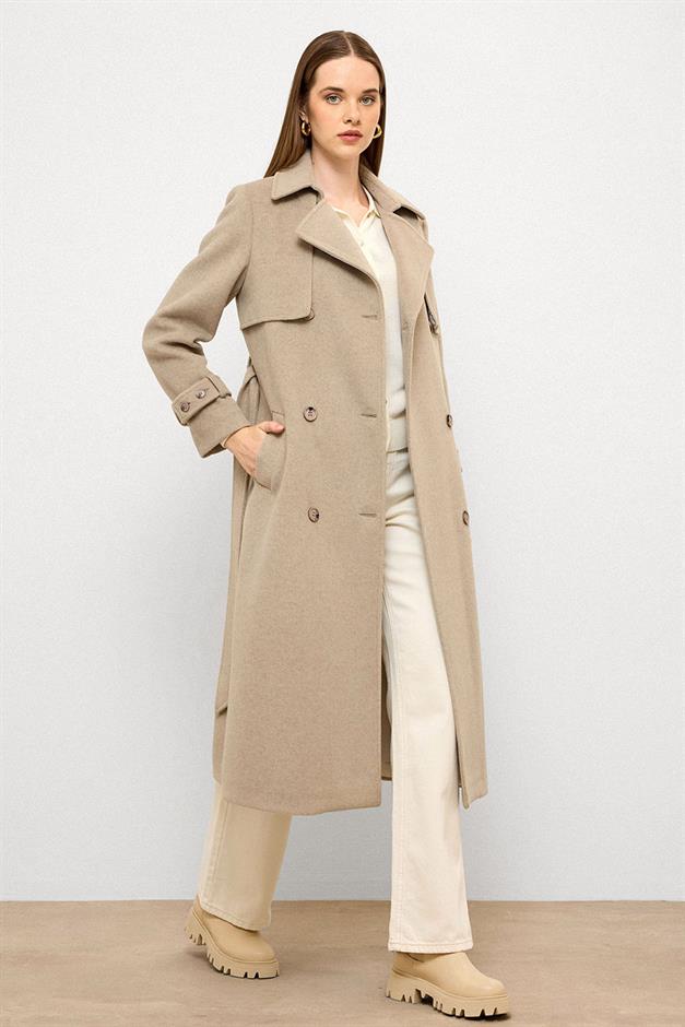 معطف مزدوج الصدر مع تفاصيل الرأس مزيج الحجارة 3091