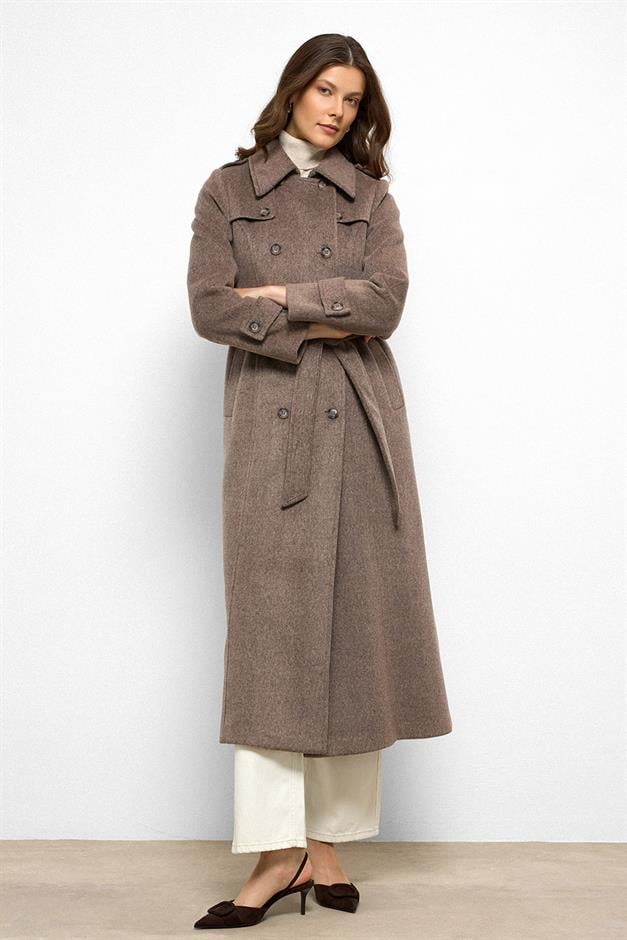 معطف طويل مزدوج الصدر مع تفاصيل الرأس لاتيه 3087