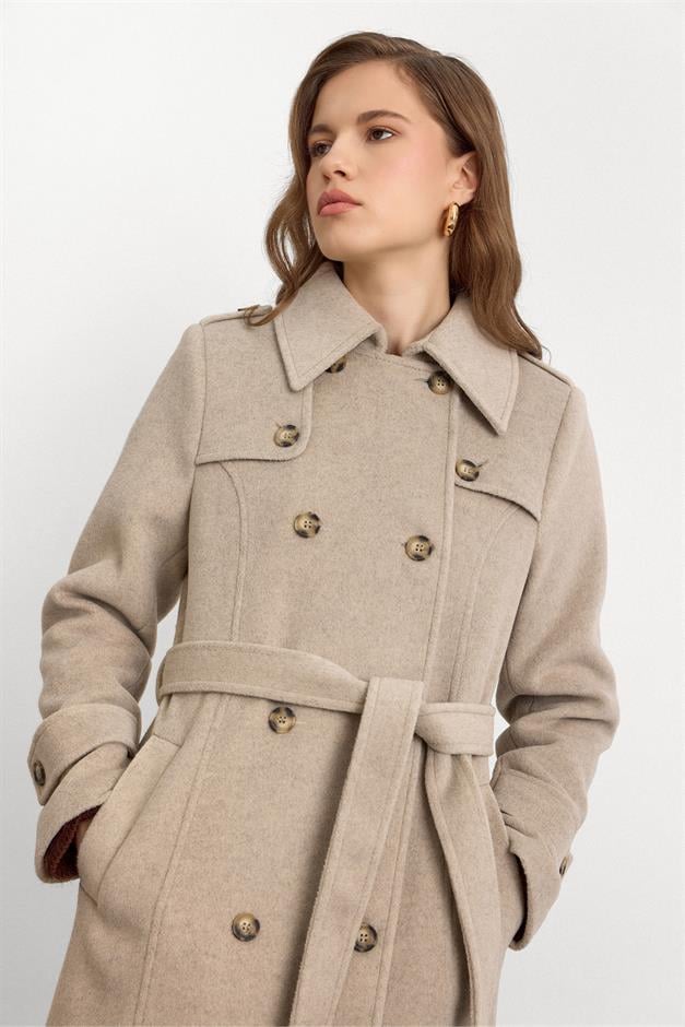 معطف طويل مزدوج الصدر مع تفاصيل الرأس مزيج الحجارة 3087