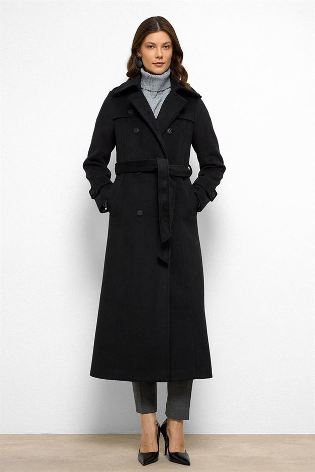 معطف طويل مزدوج الصدر مع تفاصيل الرأس أسود 3087