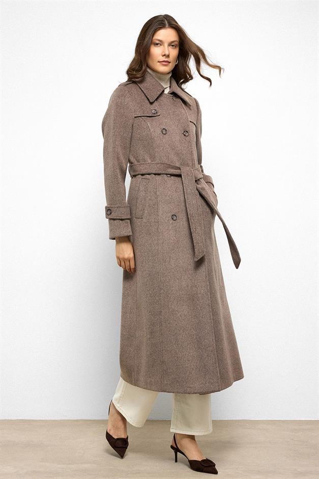 معطف طويل مزدوج الصدر مع تفاصيل الرأس لاتيه 3087