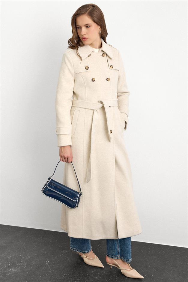 معطف طويل مزدوج الصدر مع تفاصيل الرأس بيج ميلانج 3087