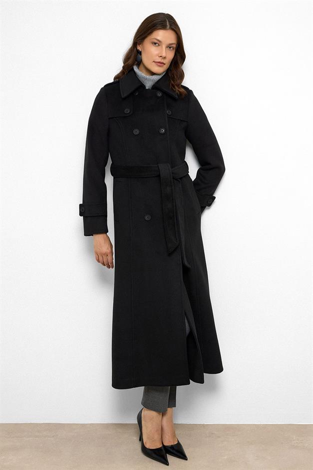 معطف طويل مزدوج الصدر مع تفاصيل الرأس أسود 3087