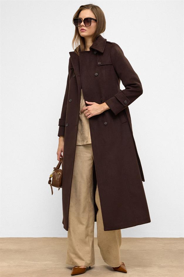 معطف طويل مزدوج الصدر مع تفاصيل الرأس قهوة 3087