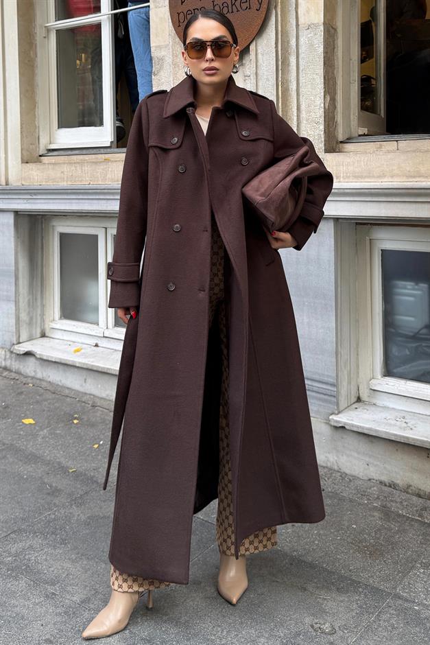 معطف طويل مزدوج الصدر مع تفاصيل الرأس قهوة 3087