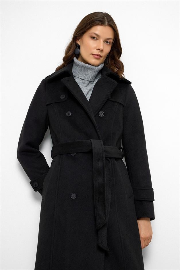 معطف طويل مزدوج الصدر مع تفاصيل الرأس أسود 3087