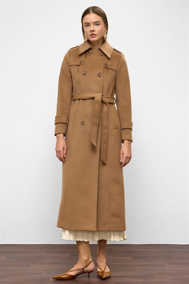 معطف طويل مزدوج الصدر مع تفاصيل الرأس ك. كامل 3087