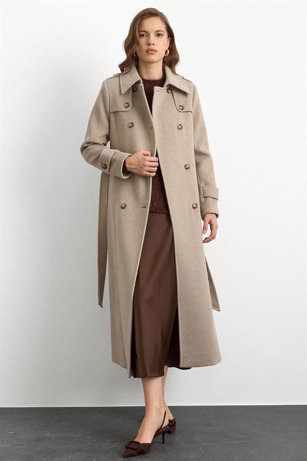 معطف طويل مزدوج الصدر مع تفاصيل الرأس مزيج الحجارة 3087