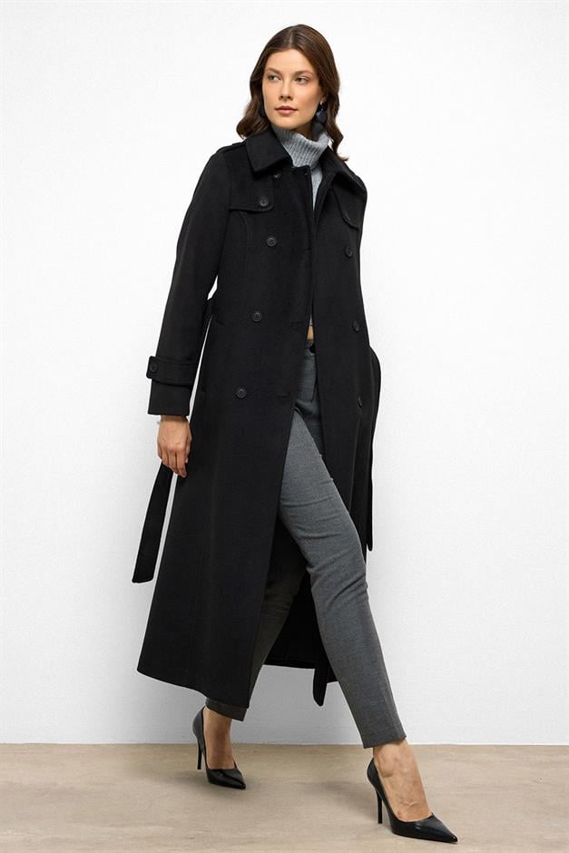معطف طويل مزدوج الصدر مع تفاصيل الرأس أسود 3087