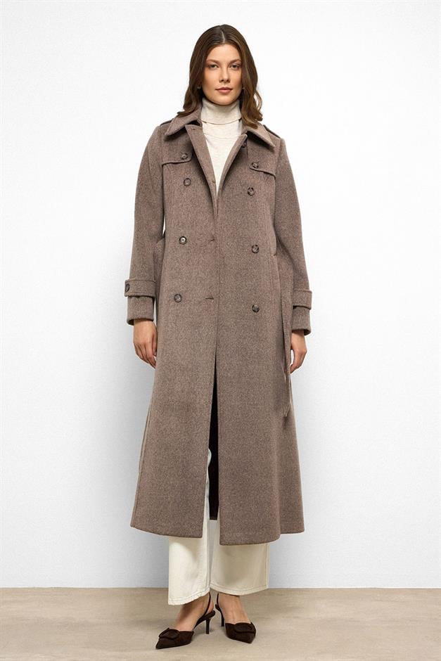 معطف طويل مزدوج الصدر مع تفاصيل الرأس لاتيه 3087