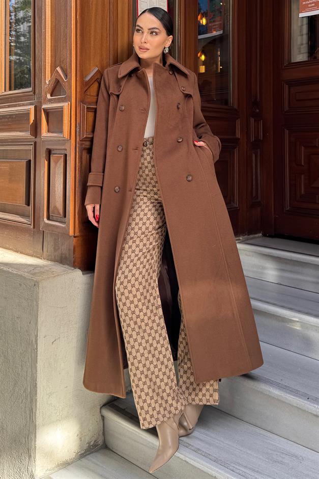 معطف طويل مزدوج الصدر مع تفاصيل الرأس التبغ 3087