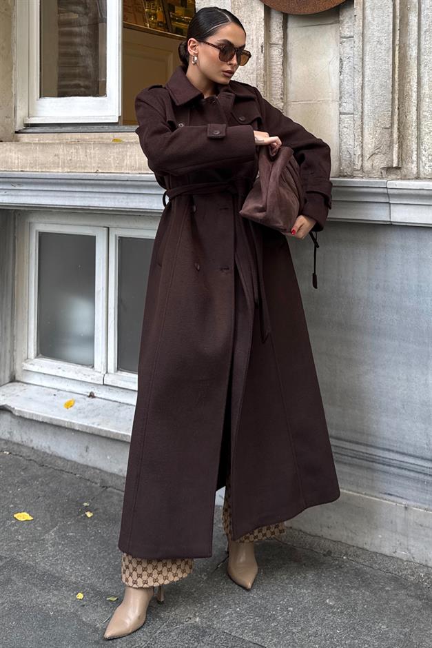 معطف طويل مزدوج الصدر مع تفاصيل الرأس قهوة 3087