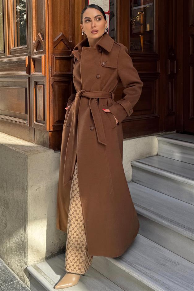 معطف طويل مزدوج الصدر مع تفاصيل الرأس التبغ 3087
