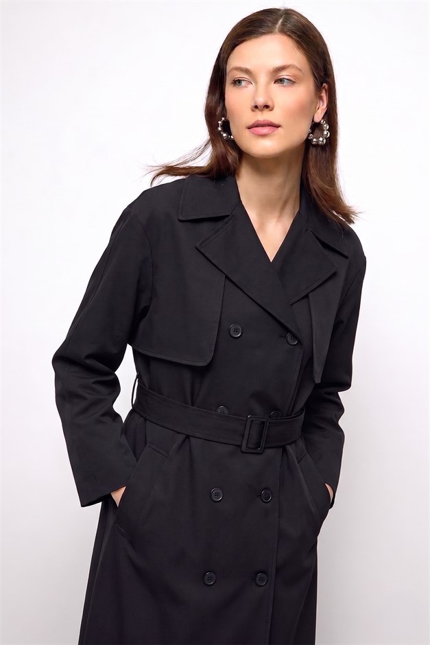 Pelerin Detaylı Soft Kumaş Astarsız Trençkot SİYAH 6843