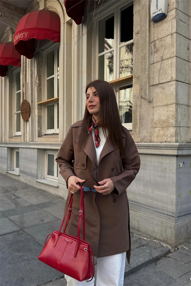 Pelerin Detaylı Su İtici Özellikli Astarsız Trençkot KAHVE 6833