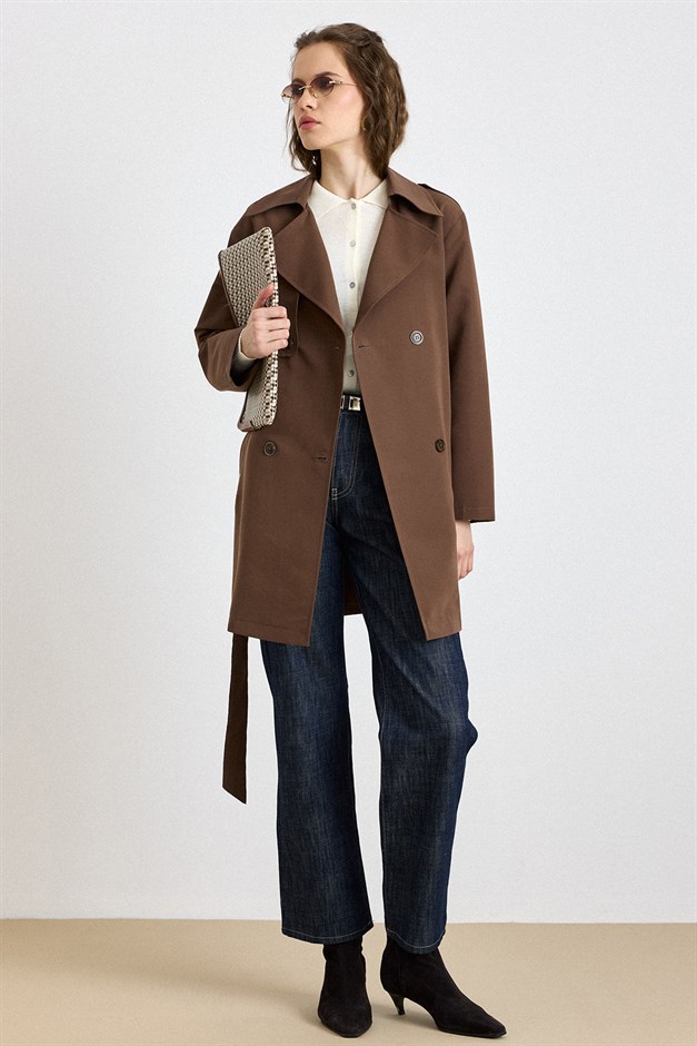 Pelerin Detaylı Su İtici Özellikli Astarsız Trençkot KAHVE 6833