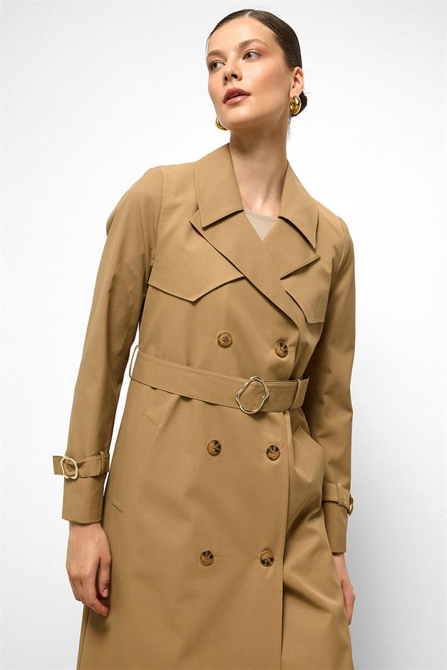 Water-Repellent Double-Breasted Long Trench Coat with Cape Detail CAMEL 6761