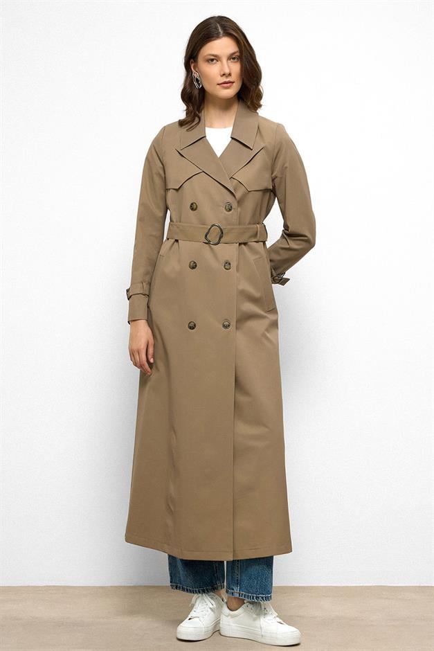 معطف ترنش طويل مزدوج الصدر مقاوم للماء مع تفاصيل كيب فيزون 6761