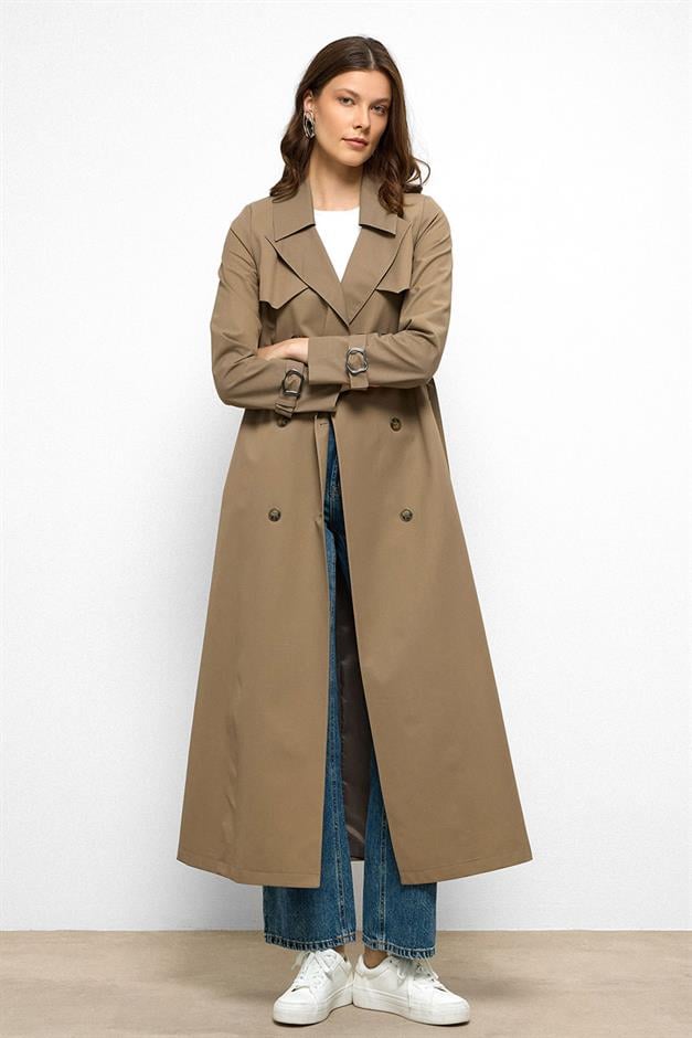 معطف ترنش طويل مزدوج الصدر مقاوم للماء مع تفاصيل كيب فيزون 6761